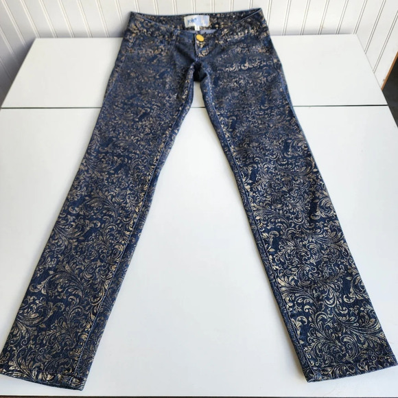 Jolt Jeans Women Juniors Sz 3 Blue Metallic Gold Print Skinny Zip Stretch 29x29 - Picture 1 of 11